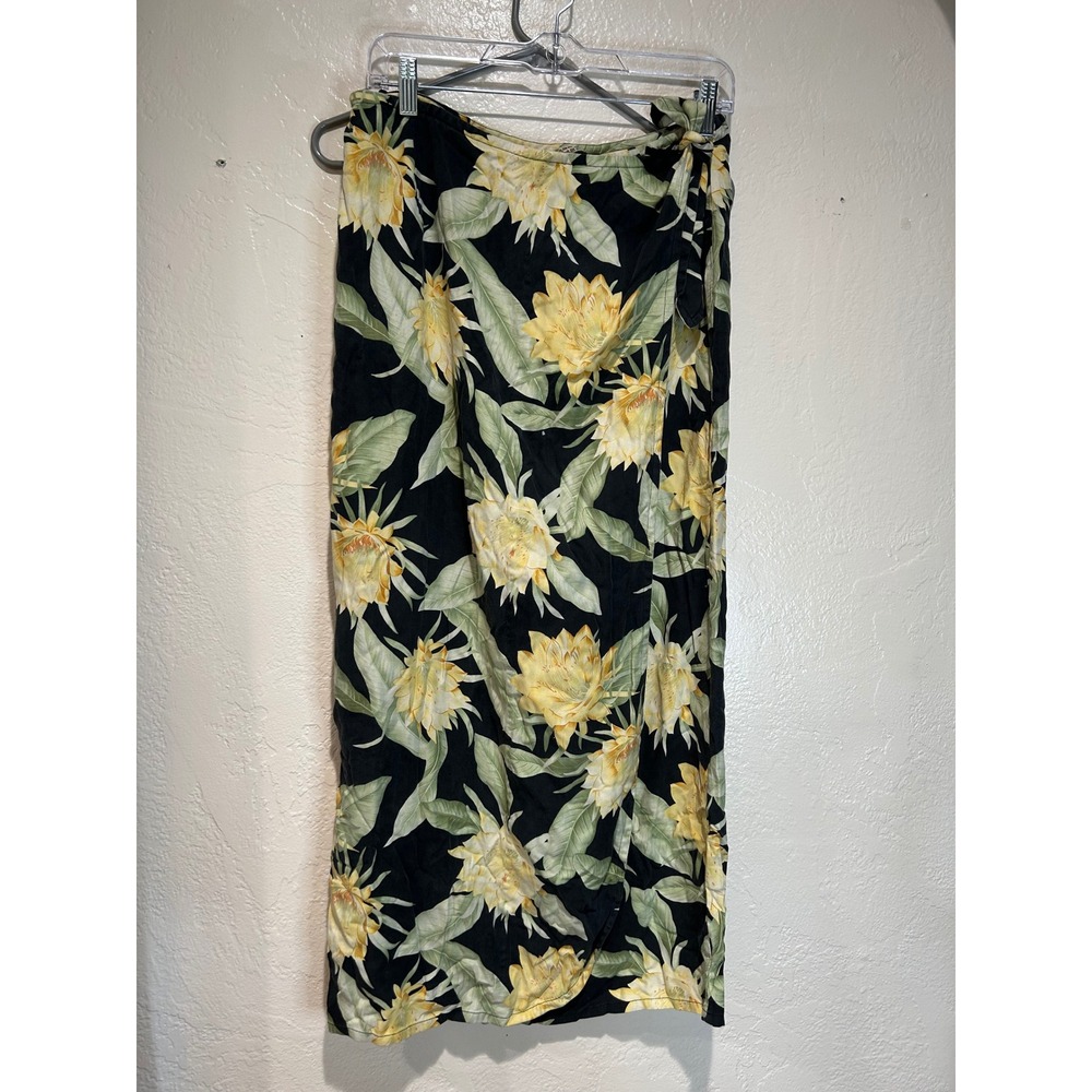 Tommy Bahama Womens Large 100% Silk Tropical Floral Wrap Midi Skirt Black Yellow